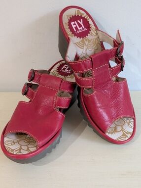 Fly London Red Leather Wedge Heel Platform Mules Size EU37